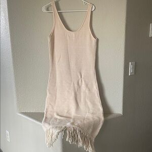 Future Collective Sleeveless Knit Fringe Tank Dress in Light Beige